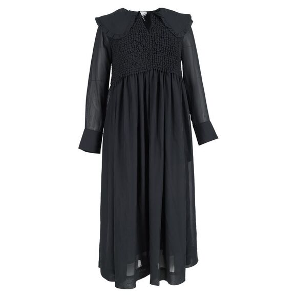 Ganni Smocked Bodice Midi Long Sleeve Dress in Black...